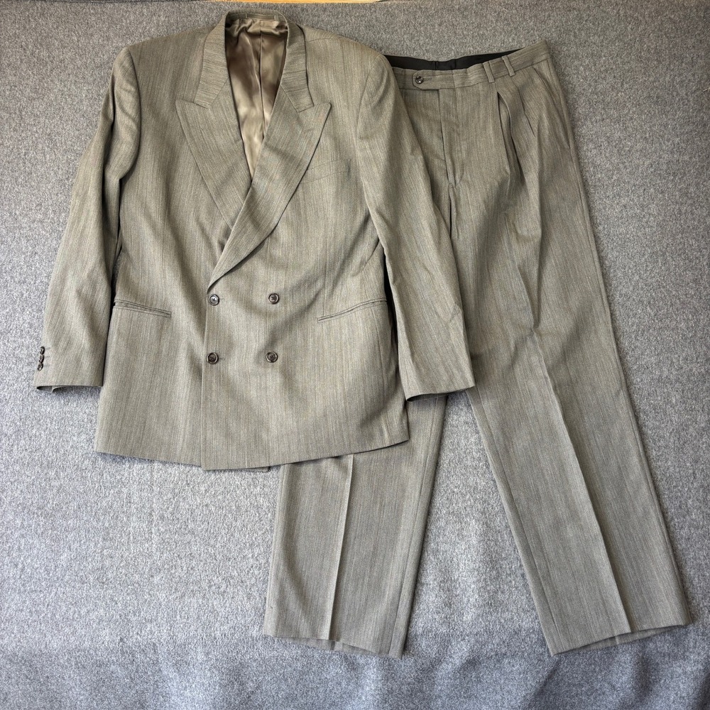 Jhane Barnes Mens 42L 36W Double Breasted Pinstripe Suit Vintage USA Greige